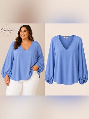 Polished Boho JODIFL Bishop Statement Sleeve Blue 1X Top